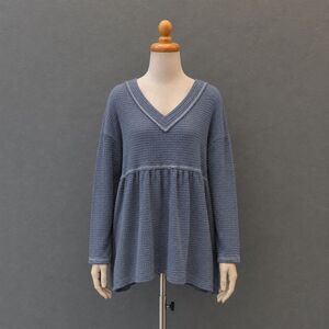 Womens V Neck Waffle Tunic Top Long Sleeve Peplum Pullover Flowy Swing Pullover